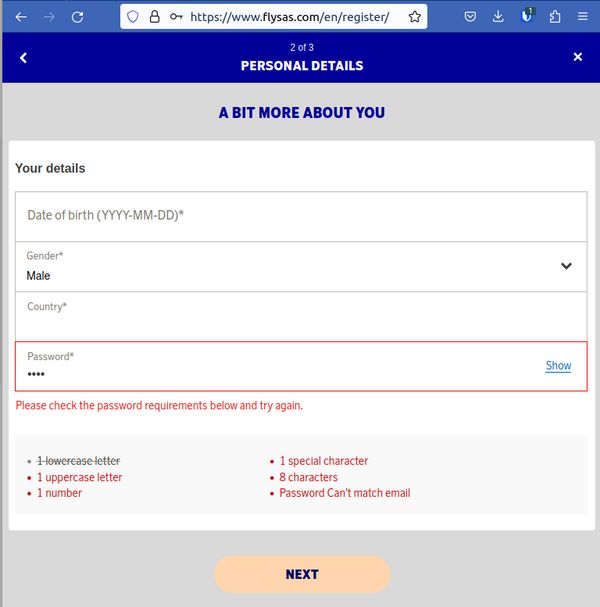 SAS Eurobonus dumb password rule screenshot